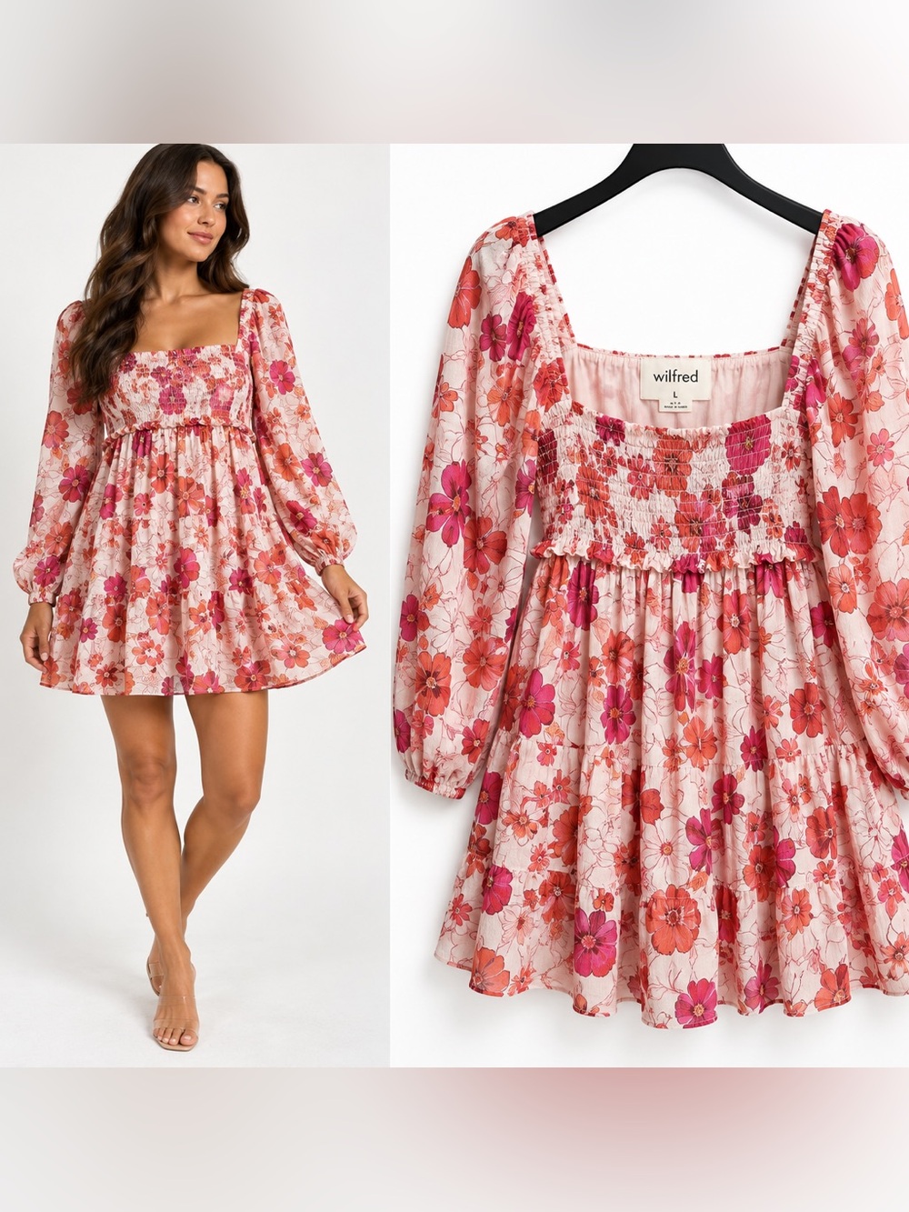 Wilfred Grace Dress Size L Pink Floral Smocked Long Sleeve Mini